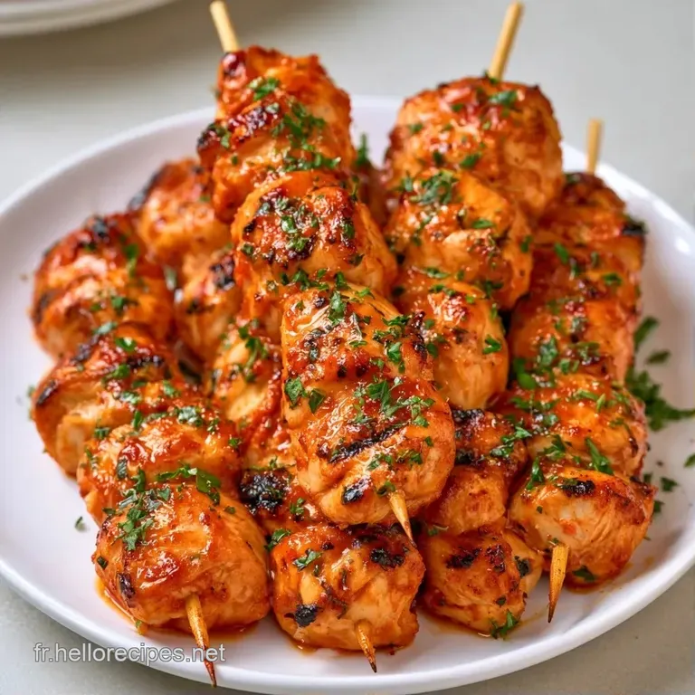 Brochettes dor&eacute;es et fumantes dispos&eacute;es avec soin, accompagn&eacute;es d'un filet de sauce cr&eacute;meuse et de persil frais cisel&eacute;.