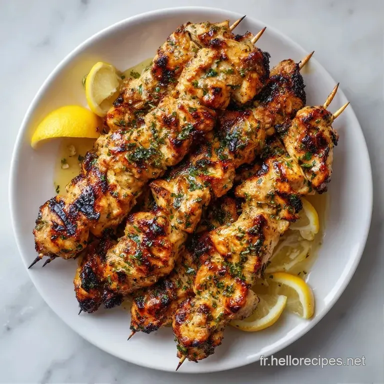 Trois piques de viande grill&eacute;e dispos&eacute;es avec soin sur une assiette blanche, accompagn&eacute;es de quartiers de citron jaune.