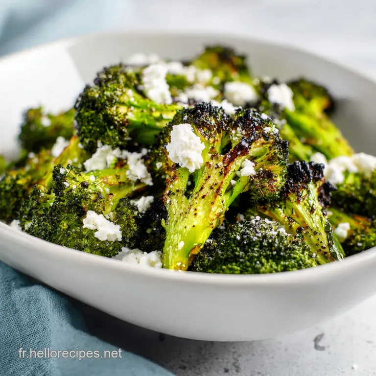 Brocolis d'un vert intense dispos&eacute;s avec soin, contrastant avec le blanc cr&eacute;meux de la feta sur une assiette en c&eacute;ramique.