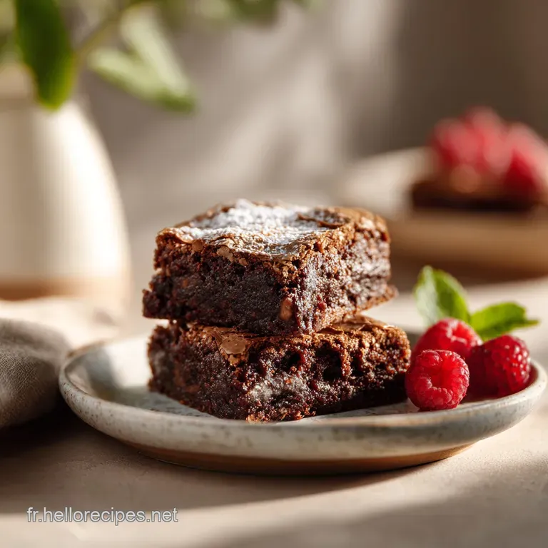 A single rich brownie square artfully arranged with a dusting of cocoa powder and a fresh raspberry.