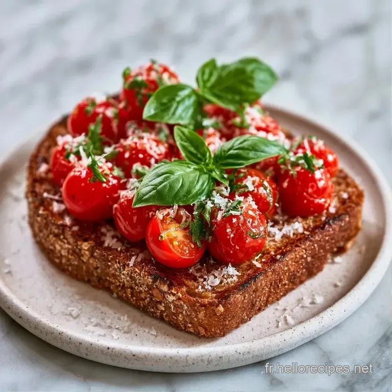Quatre toasts bruns align&eacute;s sur une assiette blanche, d&eacute;cor&eacute;s de tomates &eacute;clatantes et d'un filet d'huile d'olive dor&eacute;e.