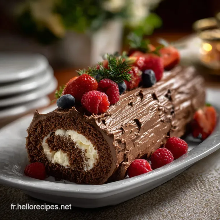 Elegant slice of b&ucirc;che de No&euml;l on a white plate. Reveals layers of chocolate biscuit, whipped cream, and a glossy chocolat...