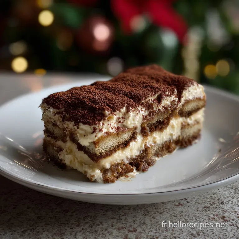 A slice of Buche Tiramisu, showcasing the layers of coffee-soaked sponge, fluffy cream, and a dusting of rich cocoa powder.