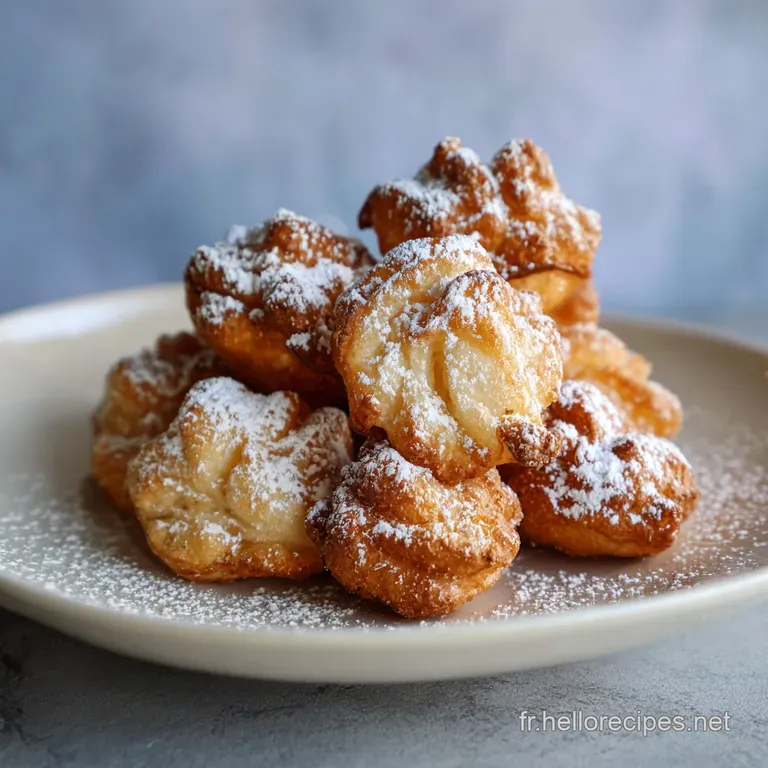 Delicate, golden bugnes arranged on a patterned plate, generously sprinkled with snowy powdered sugar, inviting a sweet in...