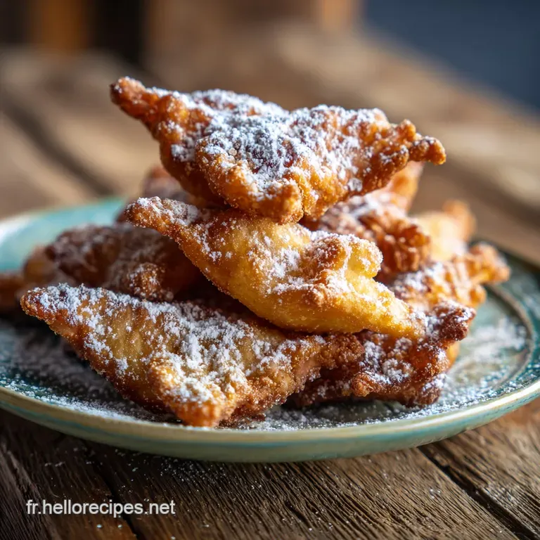 Delicate, golden bugnes artfully arranged on a white plate. A dusting of powdered sugar hints at sweetness. Simple eleganc...