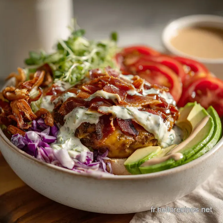Artfully arranged burger bowl. Layers of seasoned meat, bright tomatoes, lettuce, and a luscious sauce create a tempting c...