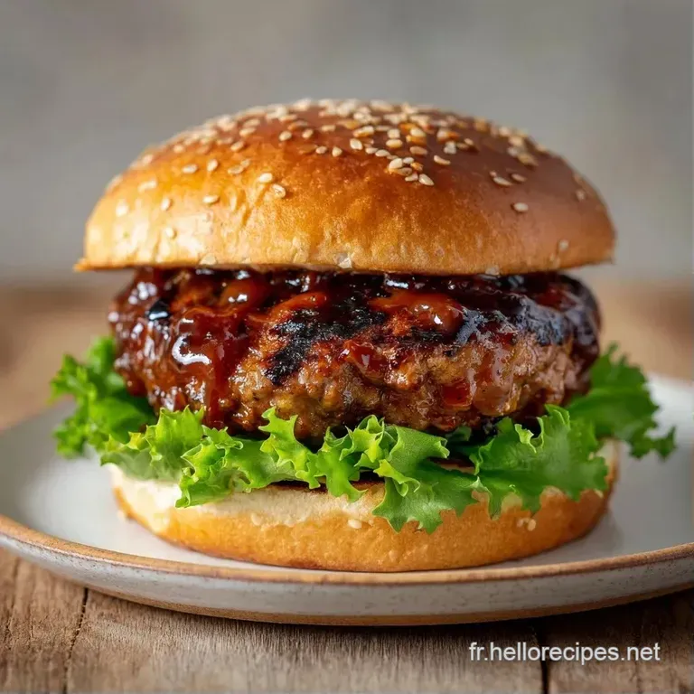 Burger haut et g&eacute;n&eacute;reux sur plateau bois, entour&eacute; de frites croustillantes et d'une sauce rouge onctueuse.