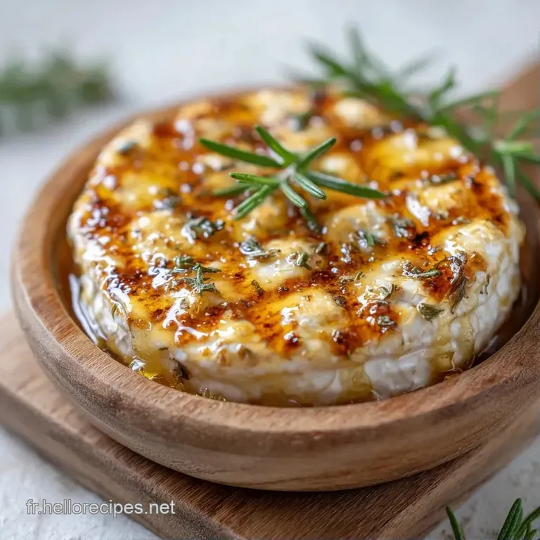 Fromage coulant et dor&eacute; entour&eacute; de noix croquantes et de romarin frais sur une assiette blanche minimaliste.