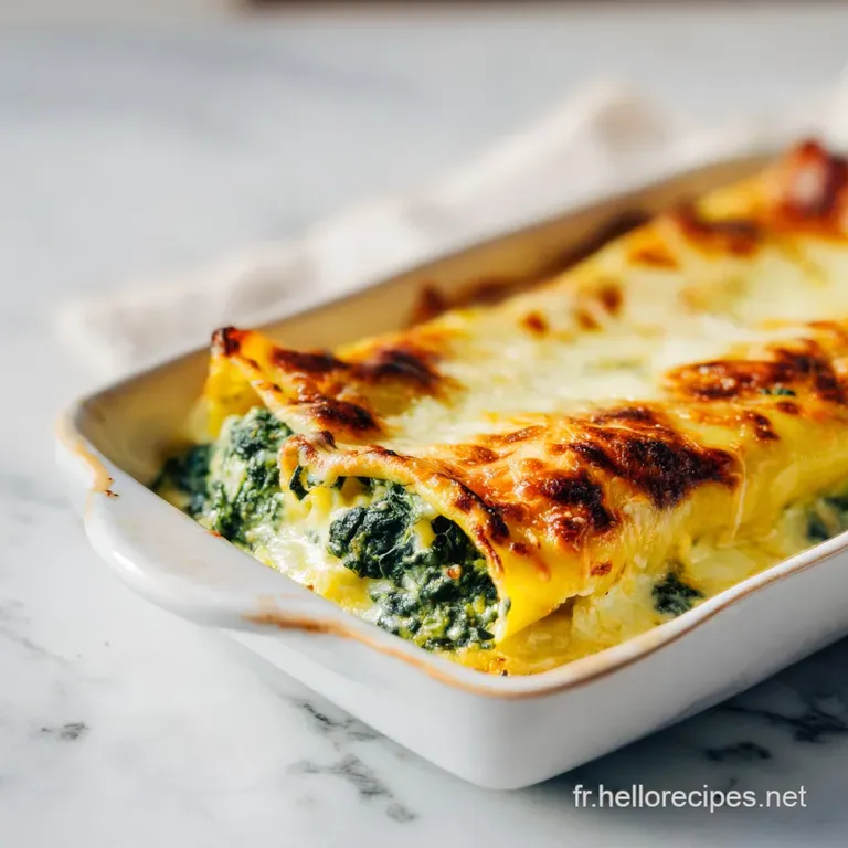 Assiette blanche pr&eacute;sentant des rouleaux gratin&eacute;s au fromage coulant, d&eacute;cor&eacute;s d'une feuille de basilic frais et vert.