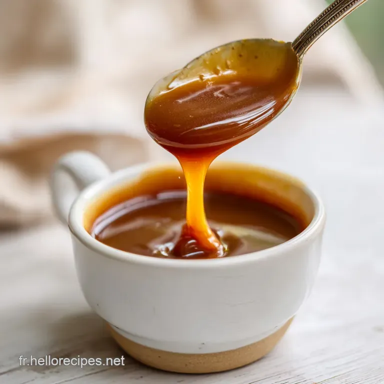 Silky caramel sauce cascades artfully over a pale dessert, catching the light with its shimmering, smooth surface.