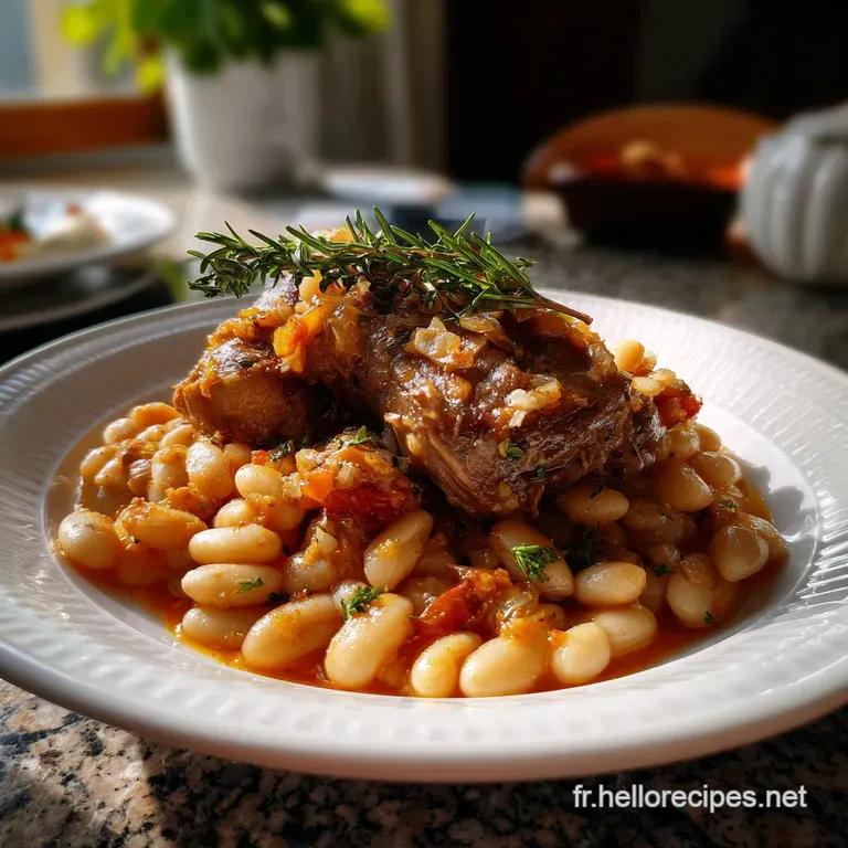 Rustic cassoulet with white beans, tender meats, and a rich, glossy sauce, artfully plated with a fresh herb garnish.