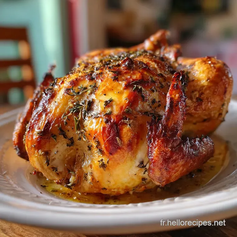 Slice of roasted capon with crisp skin, nestled beside golden potatoes & herb sprigs, glistening with savory juices.