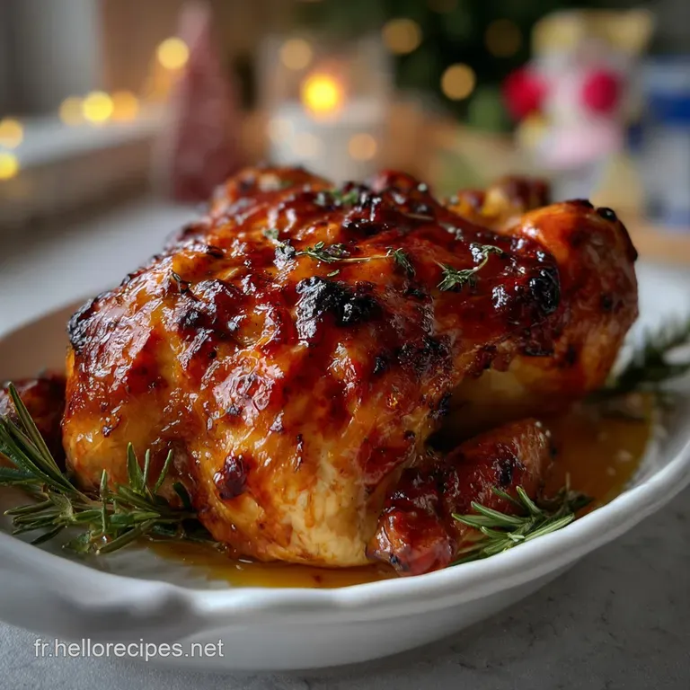 Elegant plate featuring a carved slice of tender capon, artfully arranged with colorful glazed carrots and a delicate sauce.