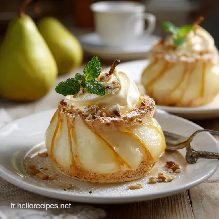 A delicate slice of pear and mascarpone charlotte, dusted with powdered sugar, sits on a white plate with a fresh mint sprig.