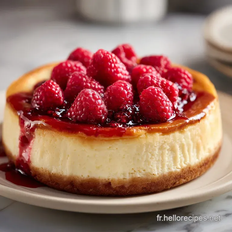A generous slice of rich cheesecake sits on a white plate, topped with vibrant red raspberry coulis and a mint sprig.