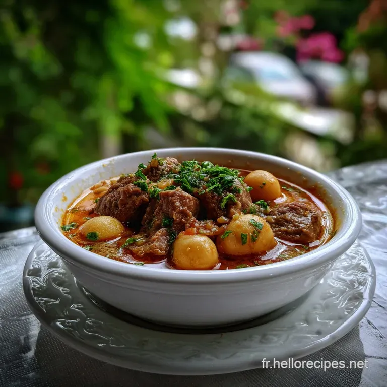 Rich, crimson-hued stew with tender meat and vegetables, garnished with fresh herbs and a swirl of vibrant olive oil.