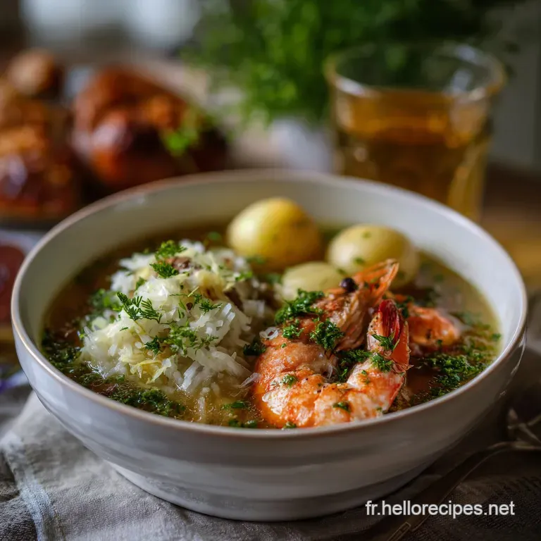 Elegant plate of choucroute de la mer. Flaky white fish and plump shrimp on a bed of bright, shredded cabbage. Glistening ...