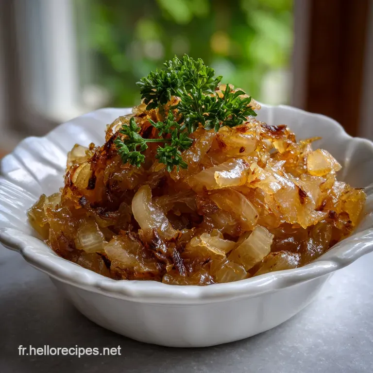 Glistening confit d'oignons artfully arranged on a white plate, served alongside crusty bread and a drizzle of vibrant bal...
