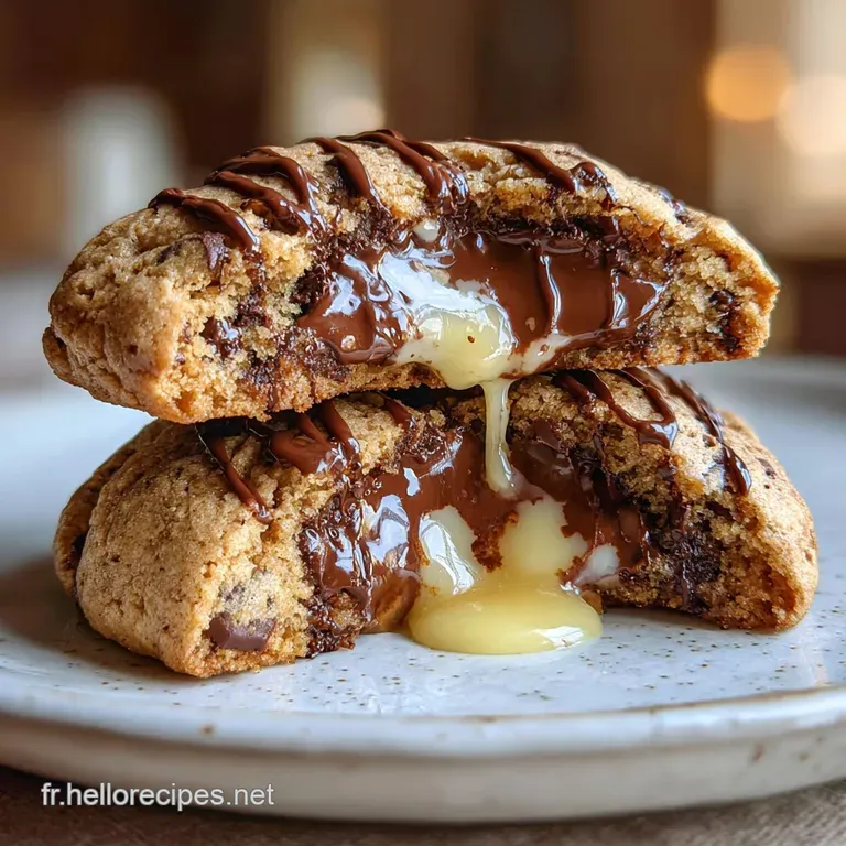 Stacked homemade cookies with visible chocolate chunks are shown on a wooden plate, hinting at a crispy edge and soft inte...
