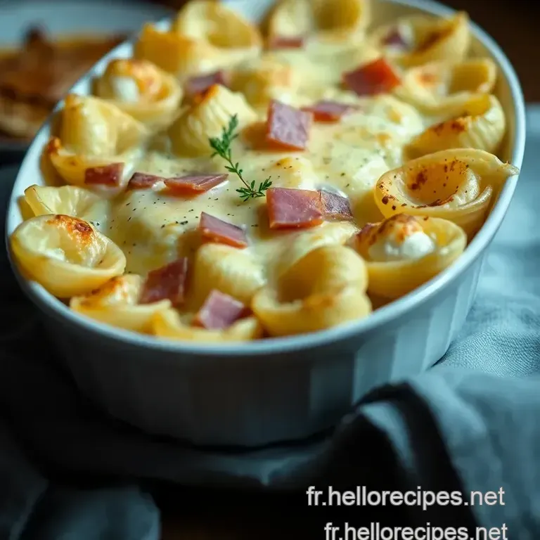 Coquillettes Gratinées au Jambon et Bresse Bleu presentation