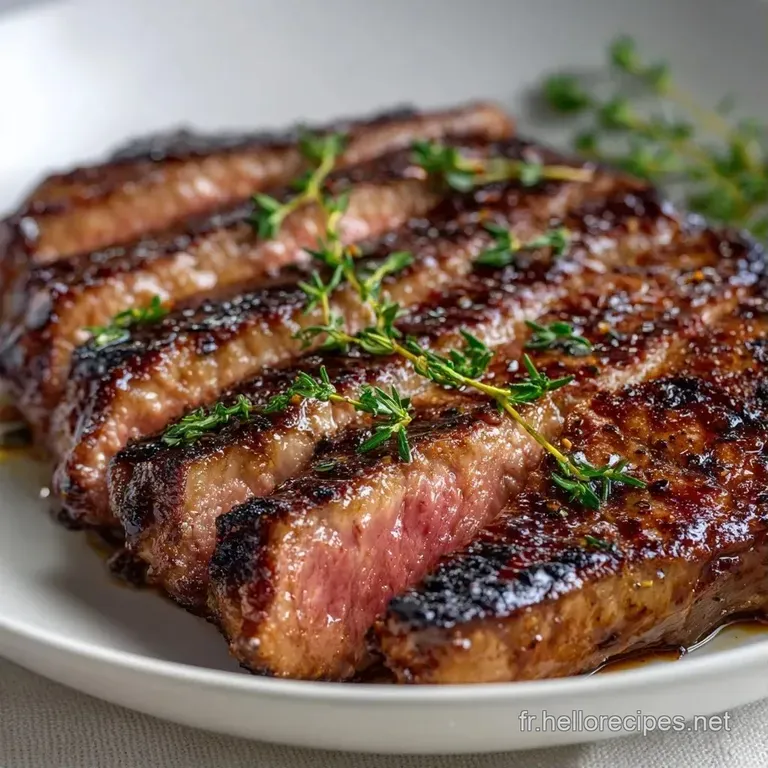 Tranches de viande saignante dispos&eacute;es avec soin sur une assiette blanche, accompagn&eacute;es de l&eacute;gumes croquants verts.