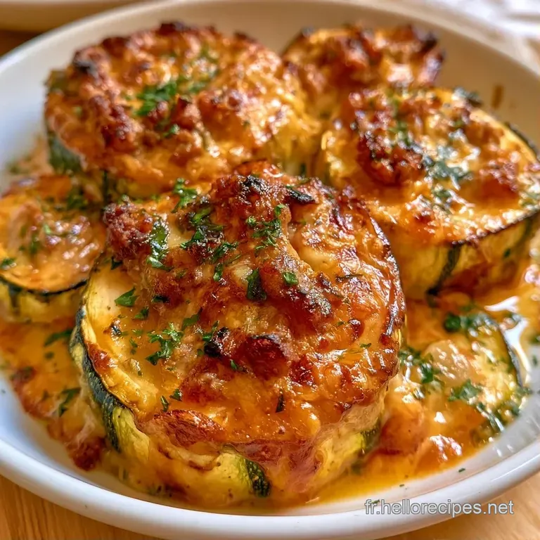 Deux demi-courgettes r&ocirc;ties et fondantes pos&eacute;es sur une assiette blanche &eacute;pur&eacute;e, avec un filet de sauce brillante.