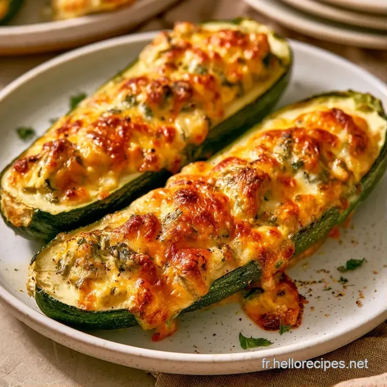 Deux demi-courgettes fondantes pos&eacute;es sur une assiette blanche, d&eacute;cor&eacute;es de brins de thym et d'un filet d'huile d'olive.