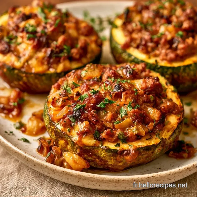 Deux courgettes rondes juteuses sur une assiette blanche, d&eacute;cor&eacute;es d'un trait de sauce et d'herbes fra&icirc;ches.