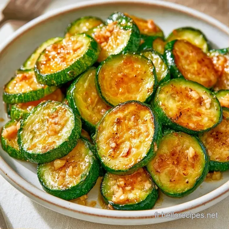 Courgettes saut&eacute;es brillantes dispos&eacute;es en d&ocirc;me dans une assiette blanche, avec un filet d'huile et du persil cisel&eacute;.