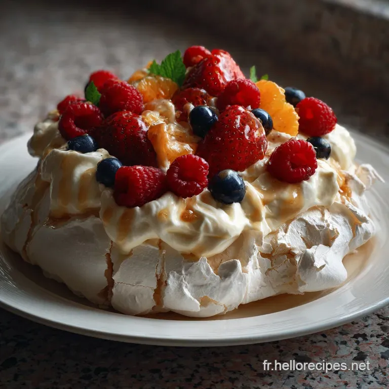 Elegant plate featuring a slice of pavlova, the meringue base contrasting with the creamy filling and bright berries, dust...