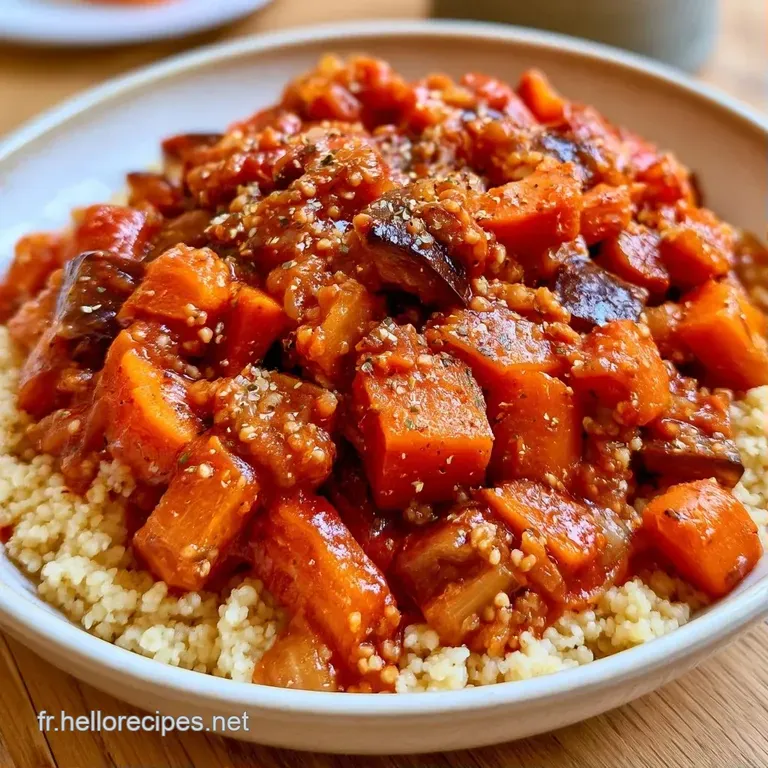 Semoule fine et blonde dress&eacute;e en d&ocirc;me, entour&eacute;e de l&eacute;gumes fondants color&eacute;s et d'un brin de persil frais &eacute;clatant.