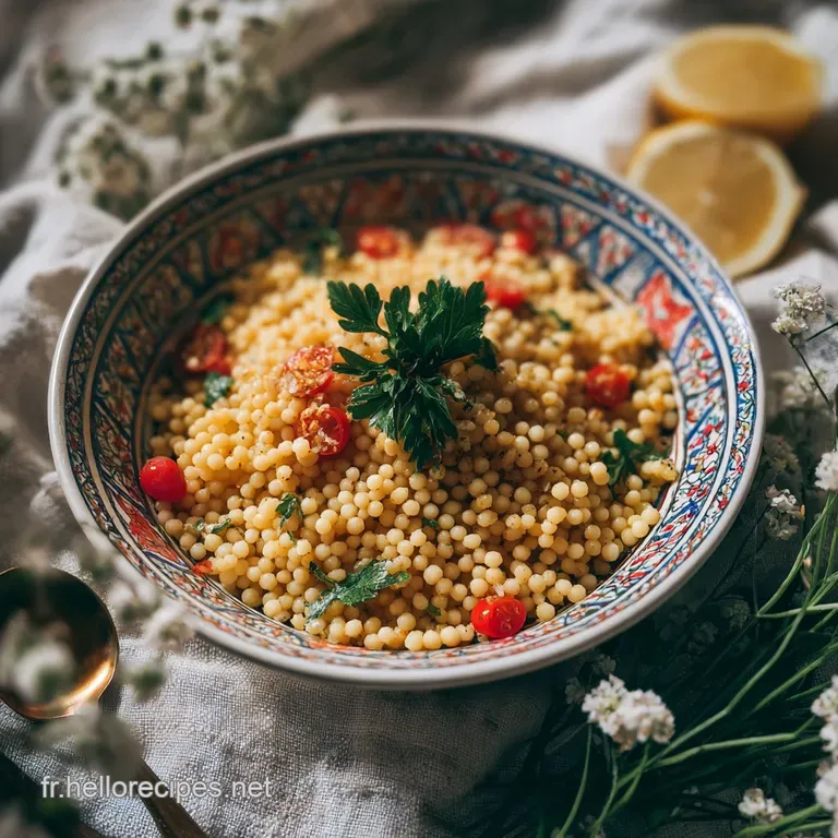 A single serving of couscous royal: golden couscous topped with vibrant vegetables and a glistening piece of braised meat ...
