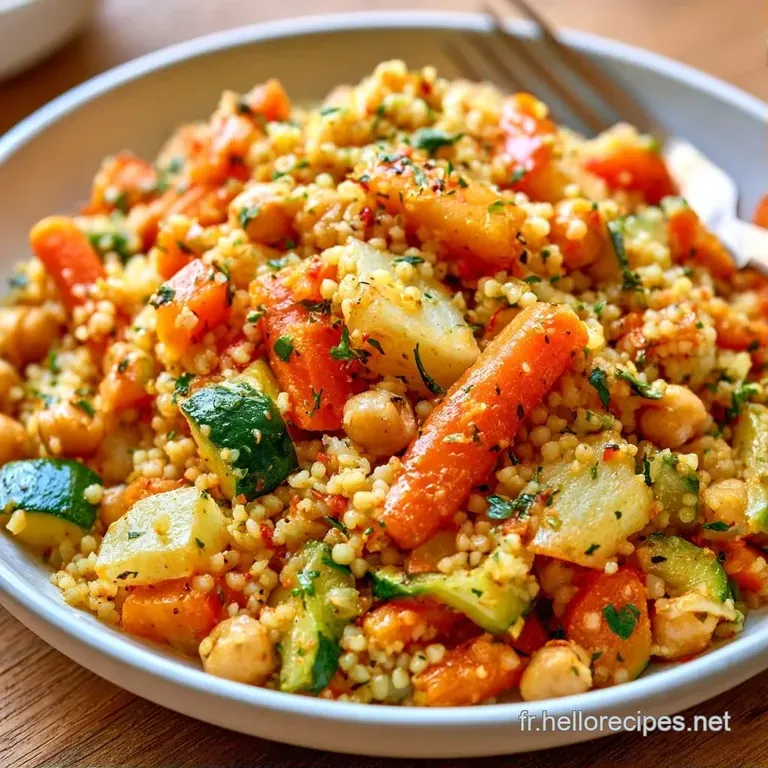 Assiette dress&eacute;e avec un d&ocirc;me de grains fins, des l&eacute;gumes fondants color&eacute;s et un bouillon chaud fumant et translucide.