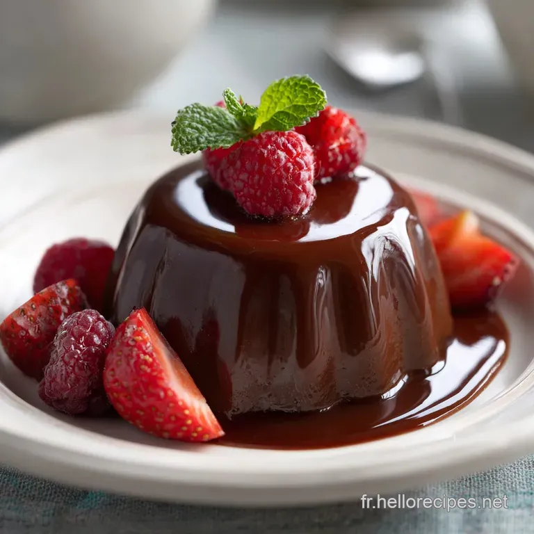 Individual chocolate creme desserts elegantly presented. Glistening, dark, and decadent with a delicate sprinkling of coco...