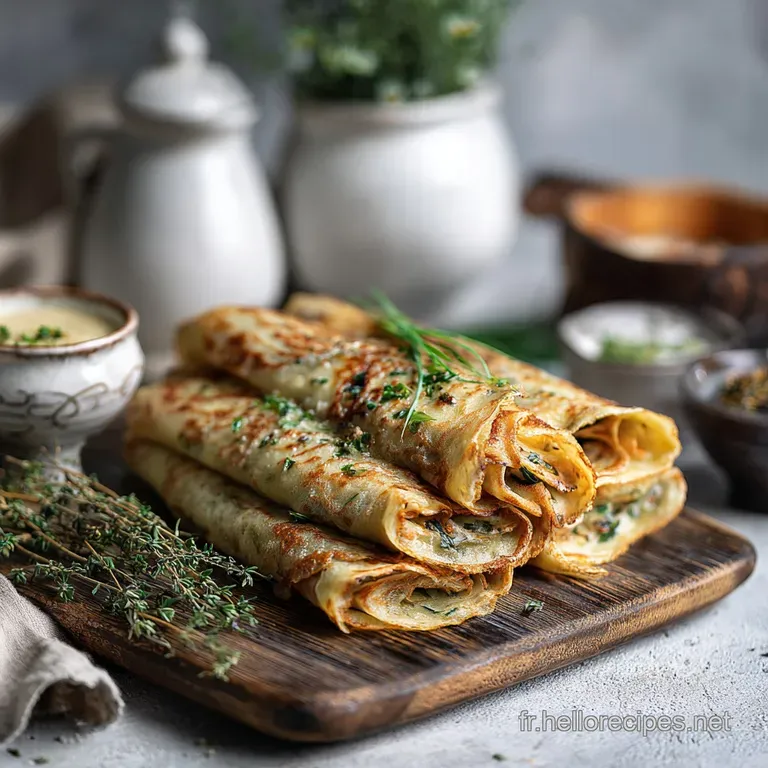 Delicate cr&ecirc;pe filled with creamy white filling, elegantly folded, topped with fresh green herbs, ready to be served.