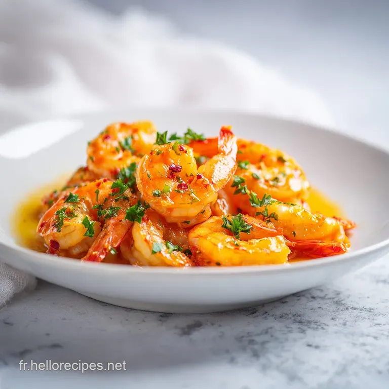 Elegant white plate showcasing tender shrimp in a rich, orangey-red sauce, artfully arranged.