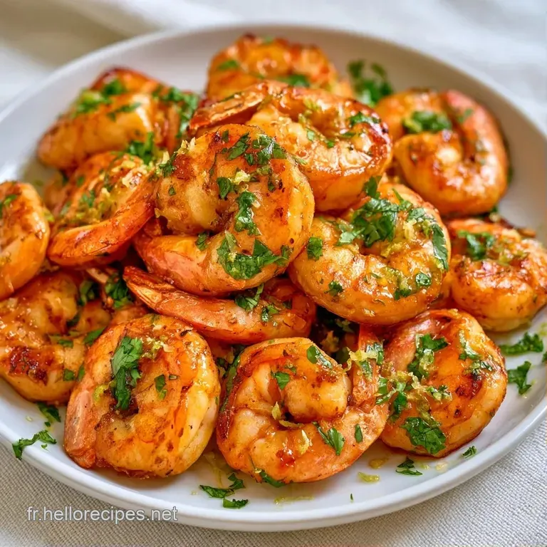 Quelques crevettes juteuses dispos&eacute;es avec soin, d&eacute;cor&eacute;es de zestes de citron vert et d'une sauce l&eacute;g&egrave;re et translucide.