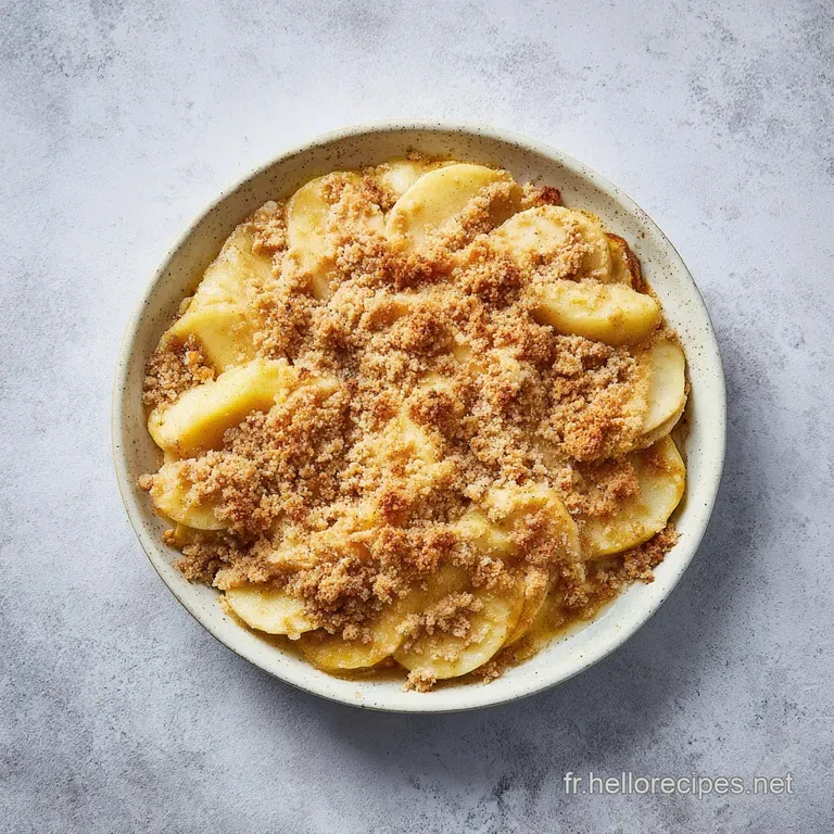 Une part de dessert aux tons ambr&eacute;s pos&eacute;e sur une assiette blanche, accompagn&eacute;e d'une quenelle de cr&egrave;me onctueuse.