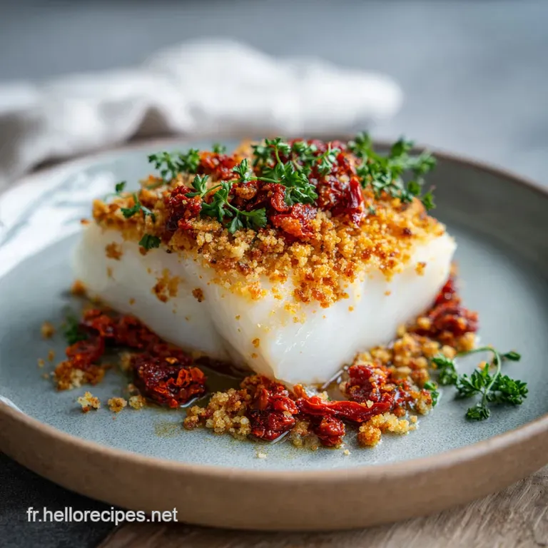 Crispy cod fillet with a vibrant chorizo crust, artfully arranged with roasted bell peppers on a white plate.
