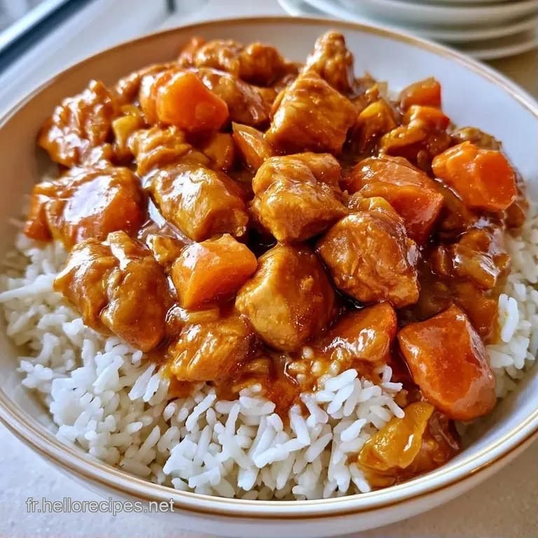 Une assiette blanche o&ugrave; se c&ocirc;toient un d&ocirc;me de riz blanc et une sauce &eacute;paisse et brillante d'un jaune chaud et riche.