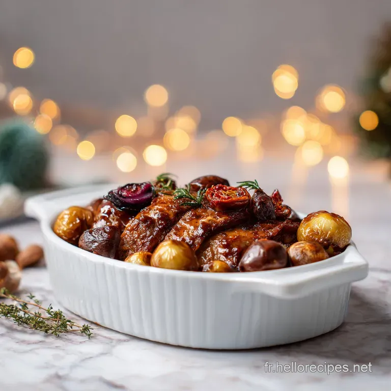 Elegant plate featuring sliced turkey breast with a rich, brown chestnut sauce, garnished with fresh parsley and a scatter...