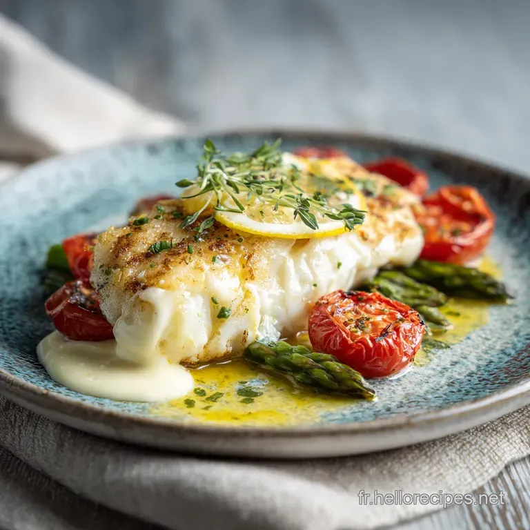 A beautifully arranged portion of cod in a rich, smooth sauce, topped with a sprinkle of finely chopped chives.