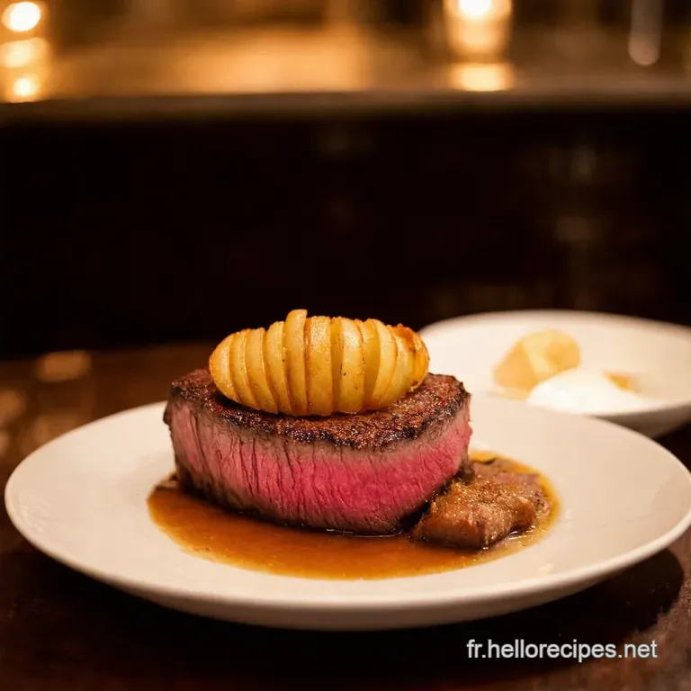 Entrec&ocirc;te Au Saint Agur Pommes De Terre Hasselback presentation