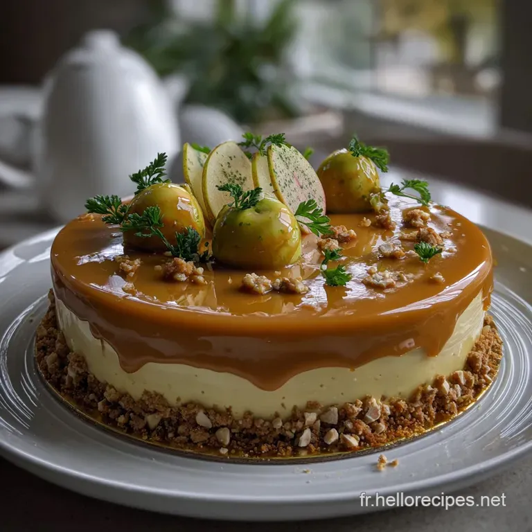 Elegant plate: Caramel-glazed entremet slice reveals layers of mousse, nougatine. Light & dark tones, inviting textures, s...