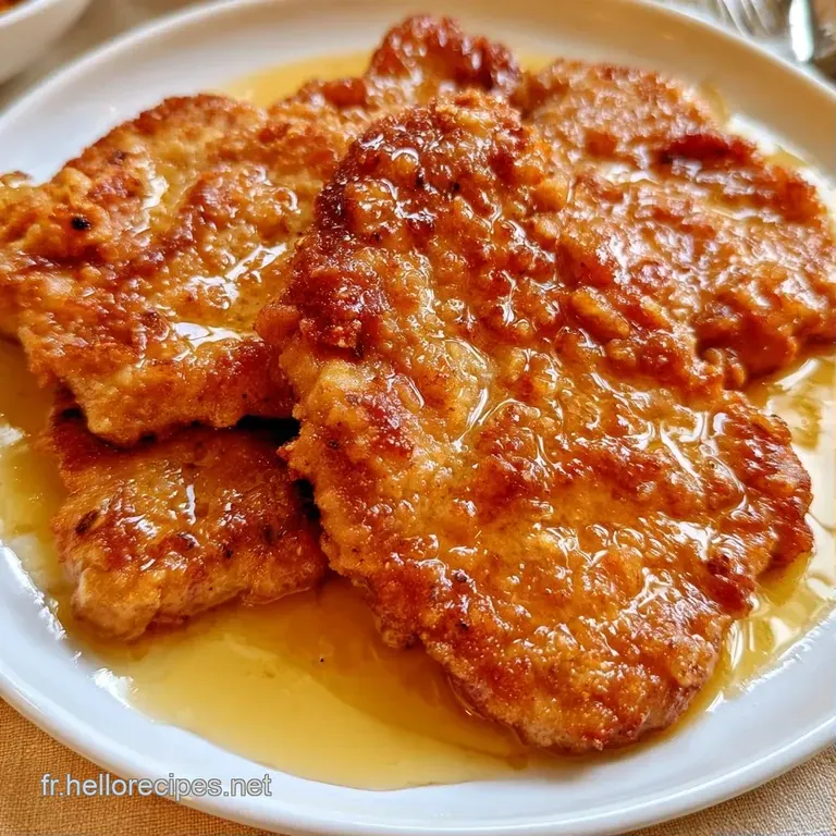 Pi&egrave;ce de viande pan&eacute;e couleur or, dress&eacute;e avec soin, mettant en valeur sa cro&ucirc;te fine et sa texture croustillante.