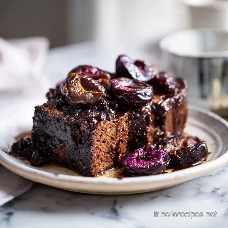 Slice of prune flan with rich, custardy filling, artfully arranged on a white plate. Garnished with a sprig of fresh mint.