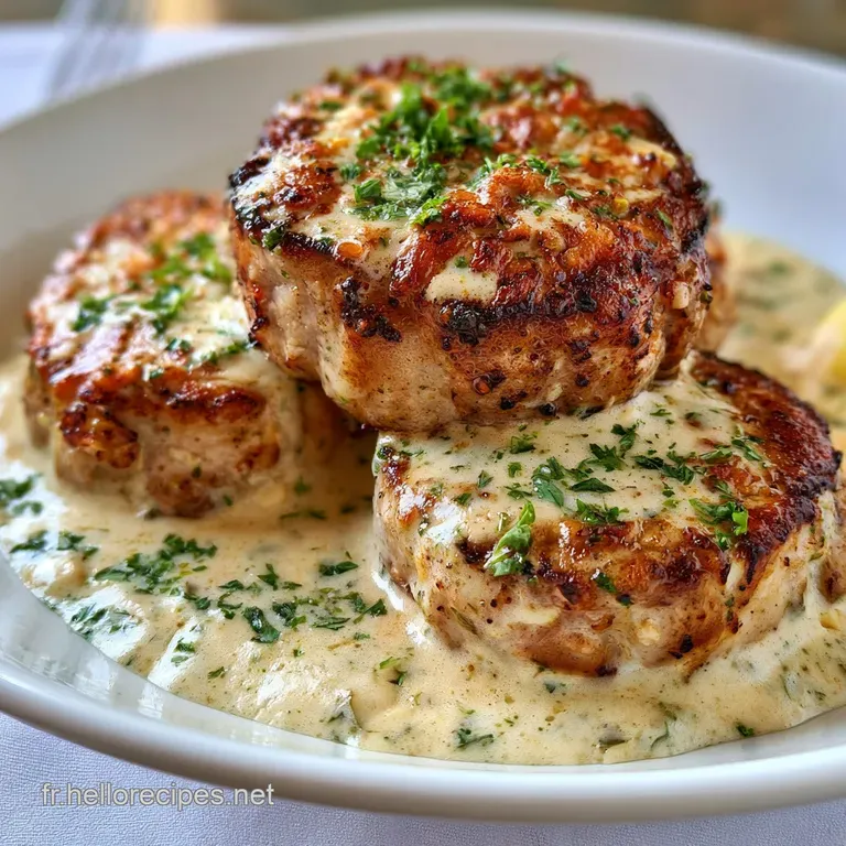 M&eacute;daillons de viande juteux sur une assiette blanche, napp&eacute;s d'une sauce cr&eacute;meuse onctueuse et d'un persil frais &eacute;clatant.
