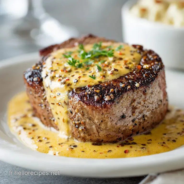 Perfectly seared filet mignon atop creamy mashed potatoes, drizzled with a deep brown sauce. Sprig of rosemary for freshness.