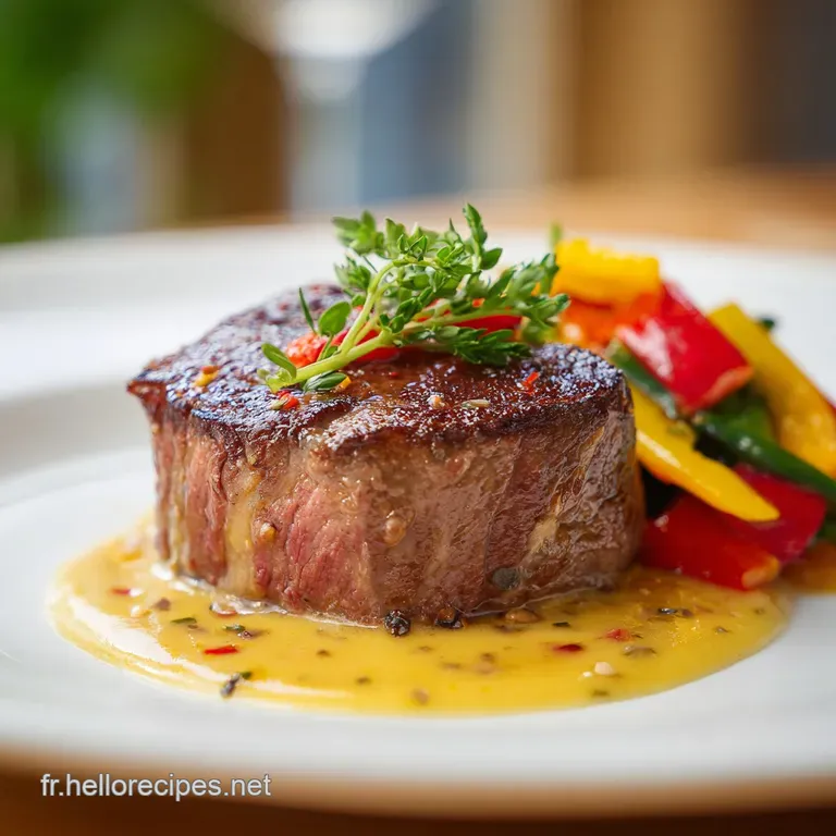Elegant plate showcases a perfectly cooked filet mignon, artfully arranged with a Dijon mustard sauce drizzle.