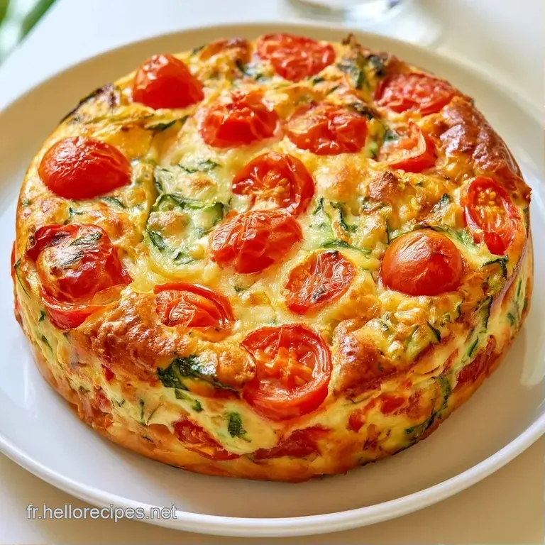 Une part fondante de flan aux l&eacute;gumes color&eacute;s pos&eacute;e sur une assiette blanche, d&eacute;cor&eacute;e d'une feuille de basilic frais.